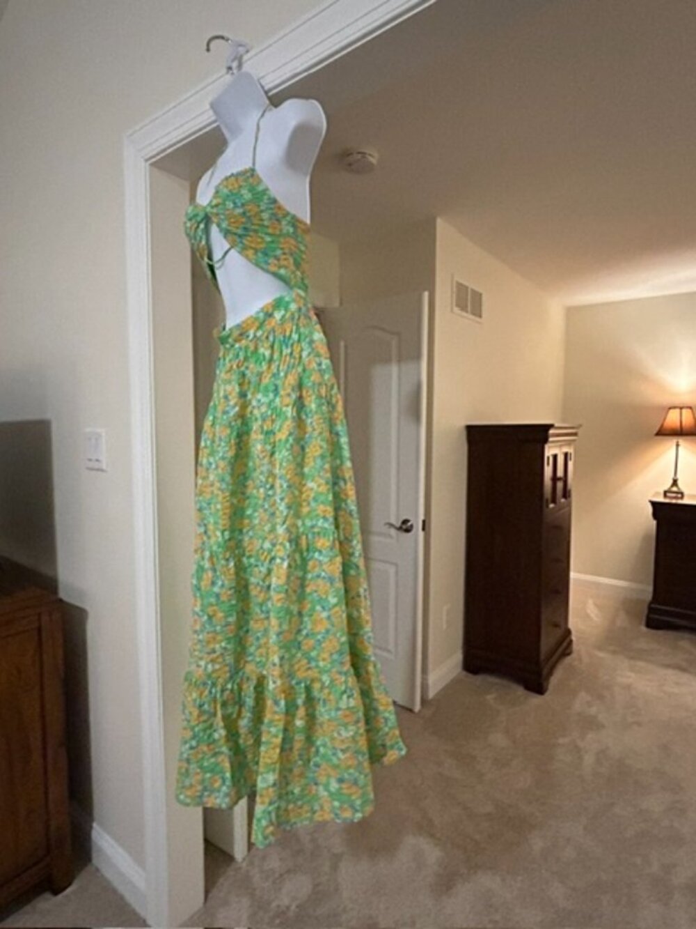 SABO Green & Yellow Floral Cutout Maxi Dress XS | Open Back Halter Dress